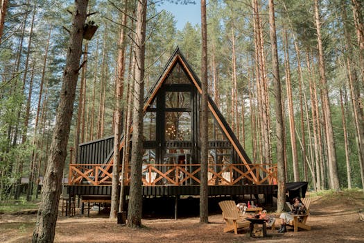 A-frame cabin nestled among pine trees with outdoor seating, perfect for relaxation and nature getaways.